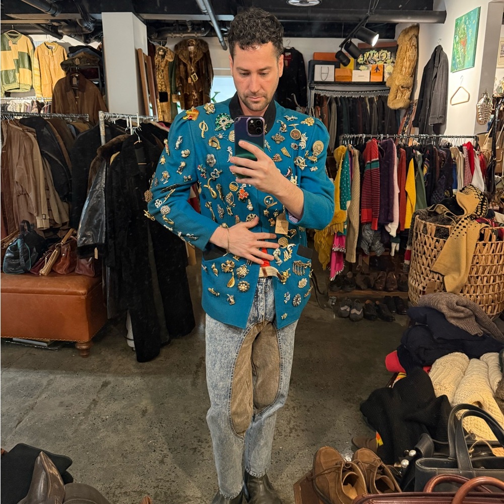 Vintage Teal Jacket with over 100 vintage Brooches